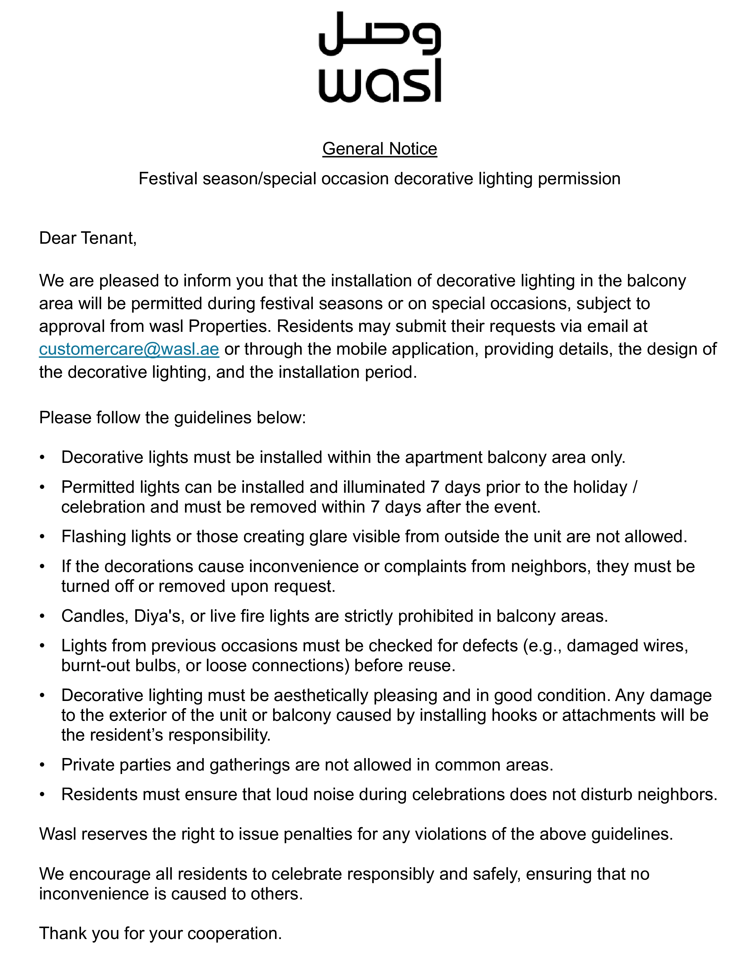 General Notice - Festival decorative lighting permission